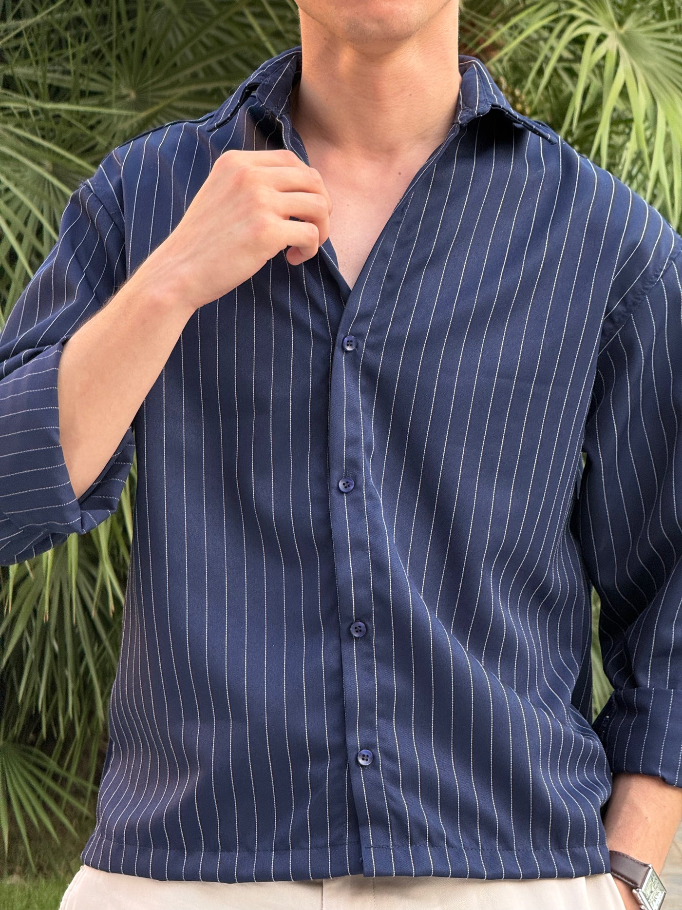 Navy Pinstripe Casual Shirt – Modern Tailored Fit